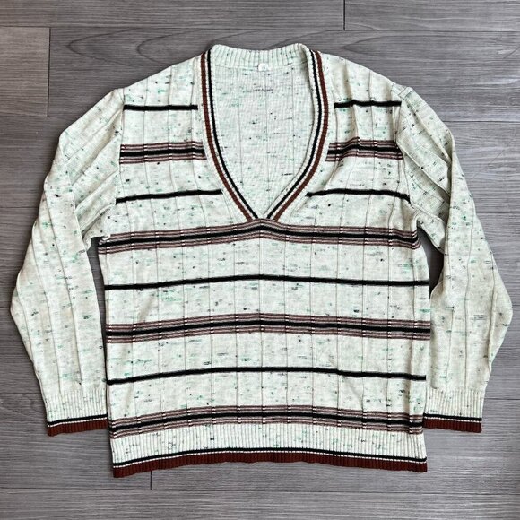 None Other - Vtg 70s V Neck Knit Sweater Space Dyed Collegiate Striped Acrylic Retro Size L